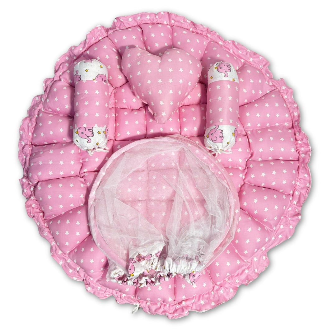 Reversible Baby Nest Bed with Mosquito Net & Pillows (0–12 Months) – For Boys & Girls
