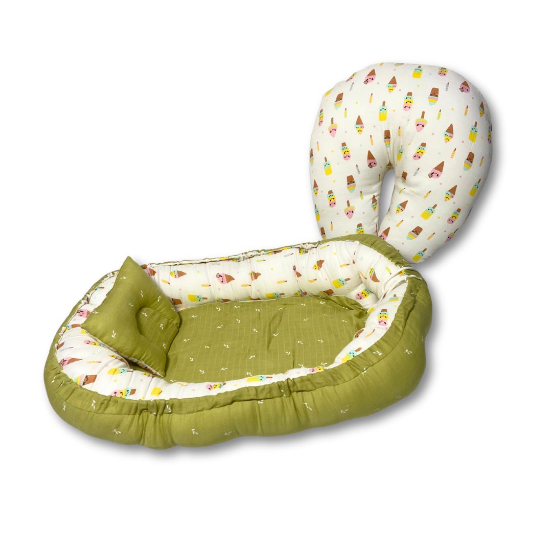 Printed Cotton Baby Sleeping Bed Nest & Muslin U-Shaped Nursing Pillow Combo