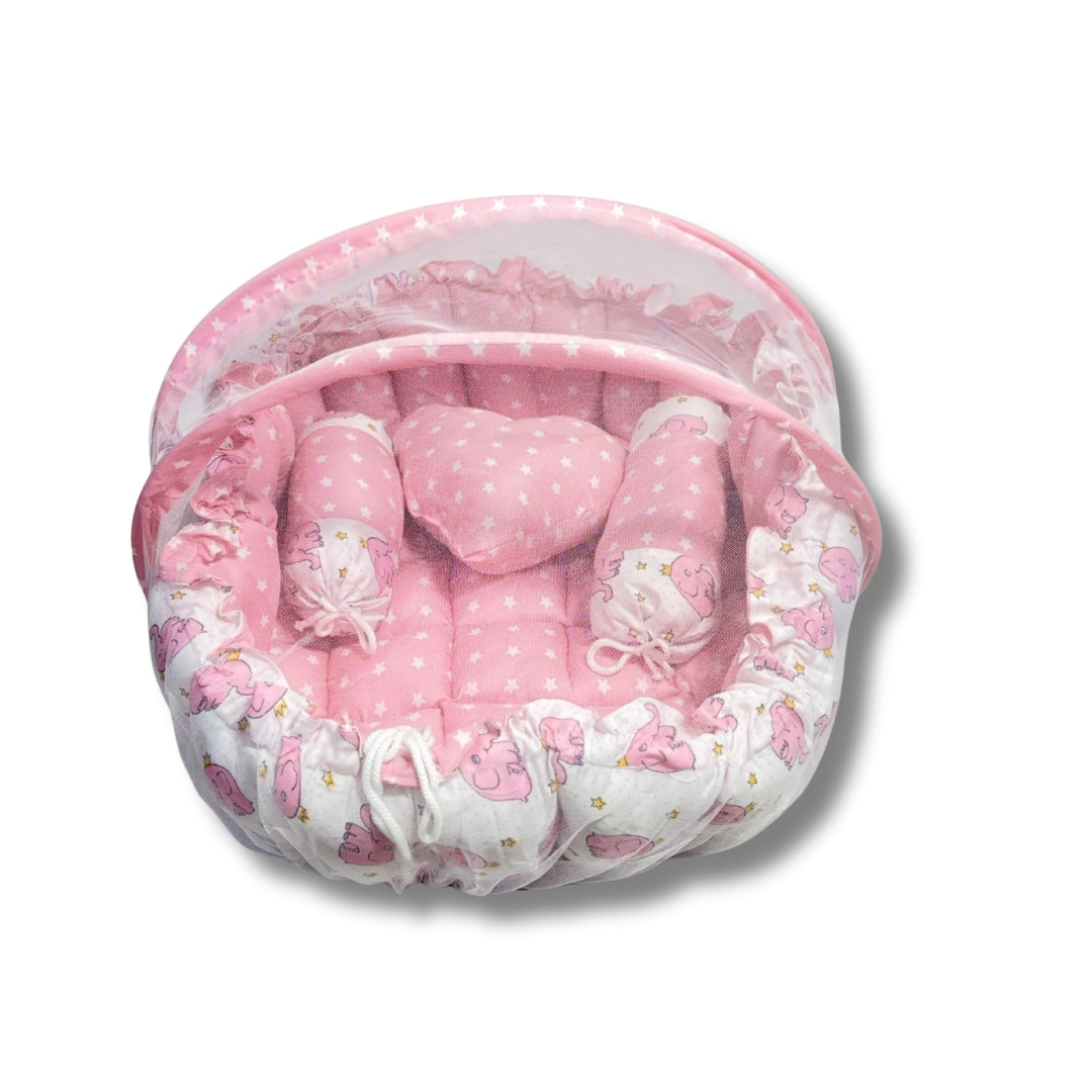 Reversible Baby Nest Bed with Mosquito Net & Pillows (0–12 Months) – For Boys & Girls