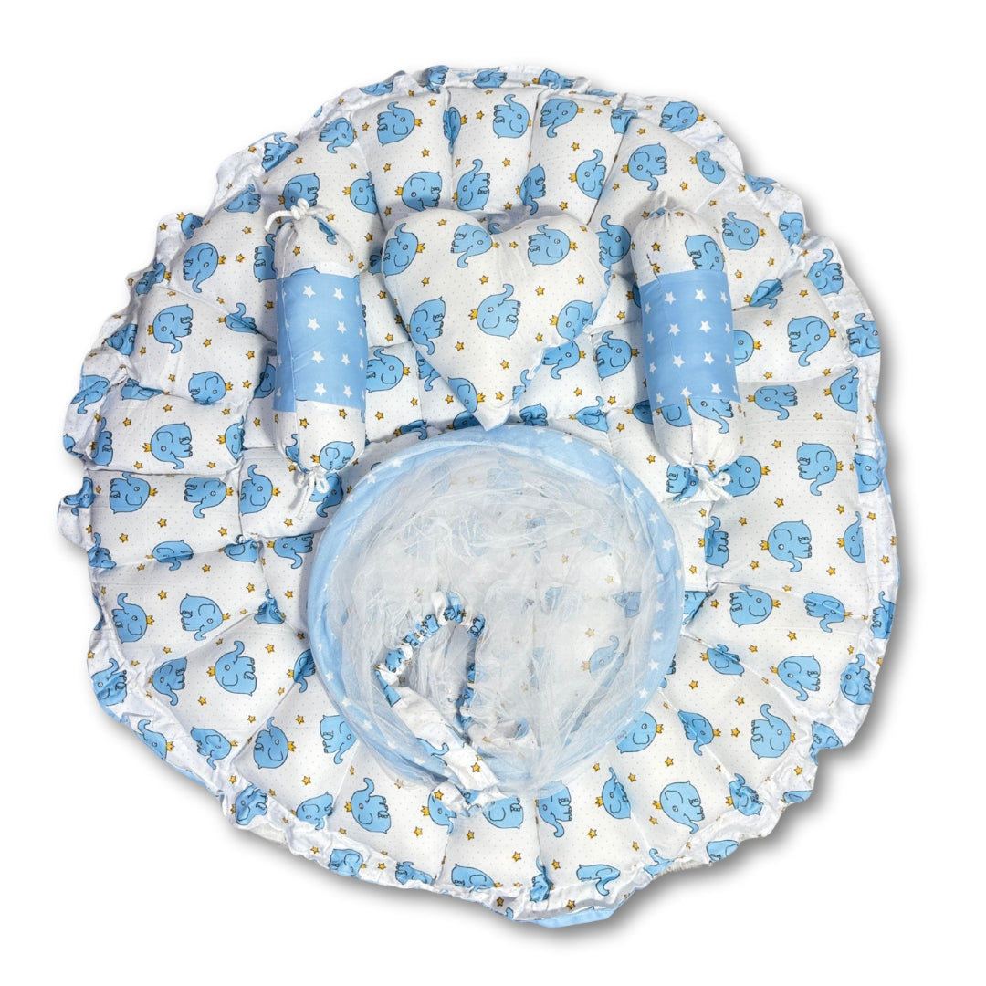 Reversible Baby Nest Bed with Mosquito Net & Pillows (0–12 Months) – For Boys & Girls