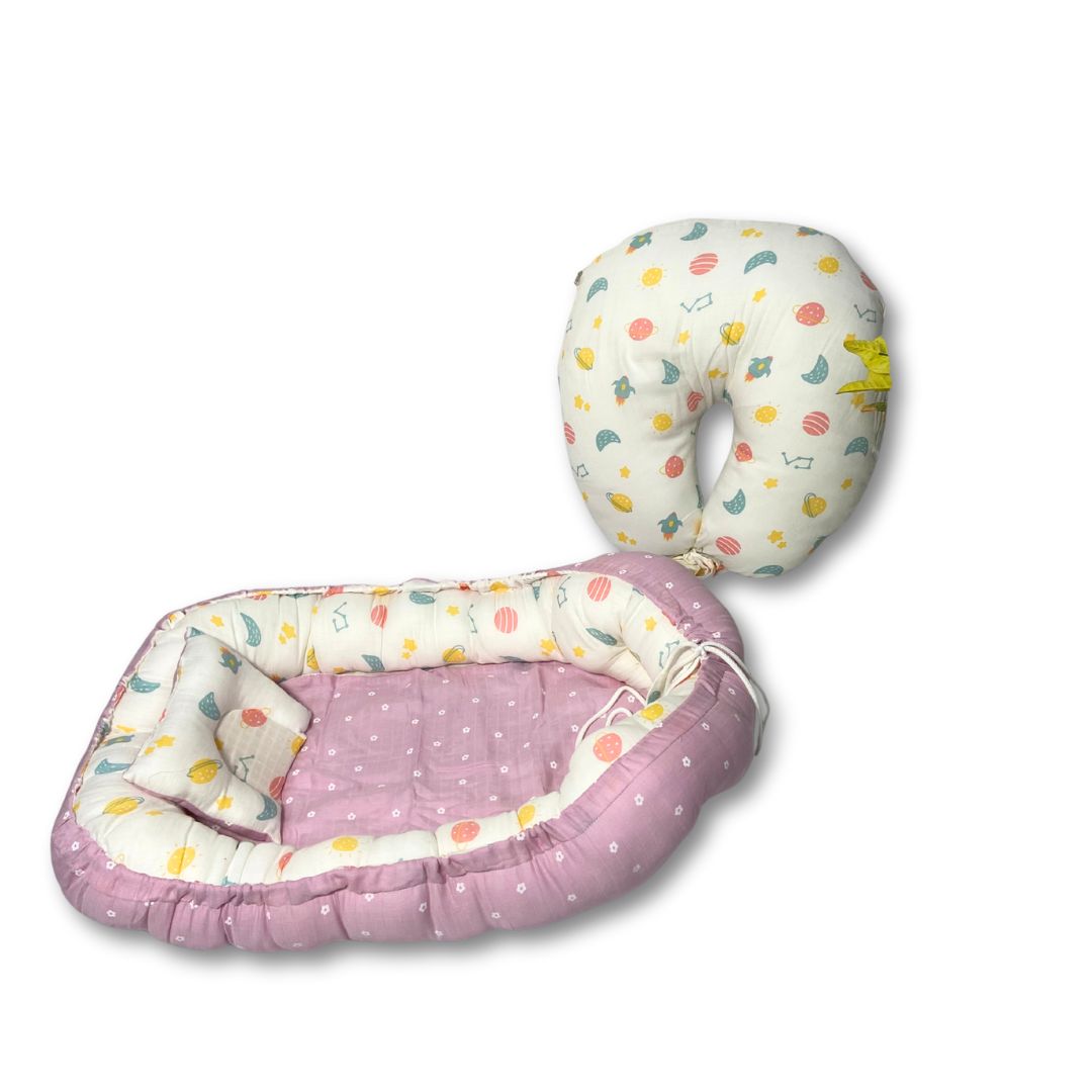 Printed Cotton Baby Sleeping Bed Nest & Muslin U-Shaped Nursing Pillow Combo