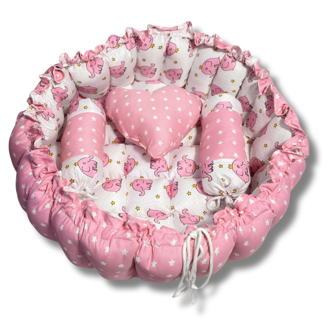 Reversible Baby Nest Bed with Mosquito Net & Pillows (0–12 Months) – For Boys & Girls