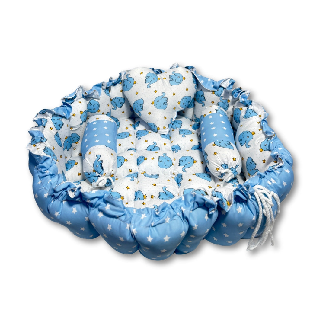 Reversible Baby Nest Bed with Mosquito Net & Pillows (0–12 Months) – For Boys & Girls