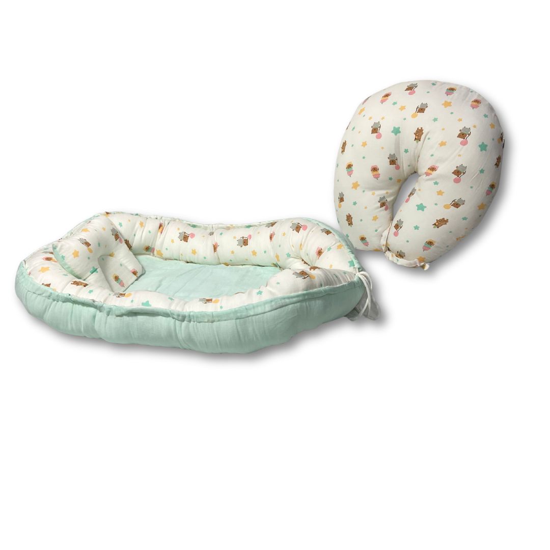 Printed Cotton Baby Sleeping Bed Nest & Muslin U-Shaped Nursing Pillow Combo