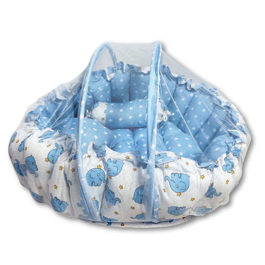 Reversible Baby Nest Bed with Mosquito Net & Pillows (0–12 Months) – For Boys & Girls