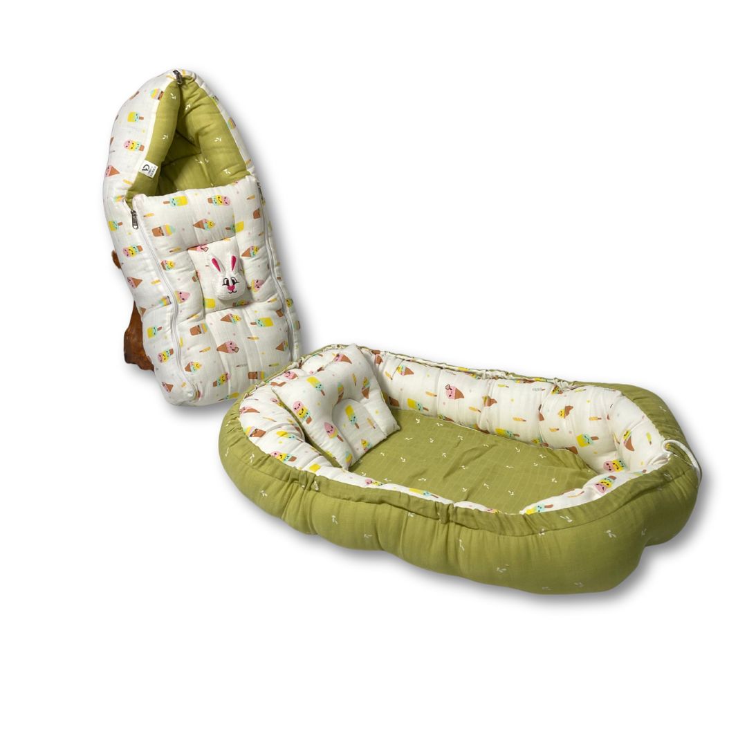 Printed Cotton Baby Sleeping Bed Nest & Premium Muslin Sleeping Bag Combo – Portable, Foldable, Reversible, Newborn Essentials