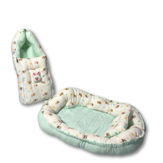 Printed Cotton Baby Sleeping Bed Nest & Premium Muslin Sleeping Bag Combo – Portable, Foldable, Reversible, Newborn Essentials