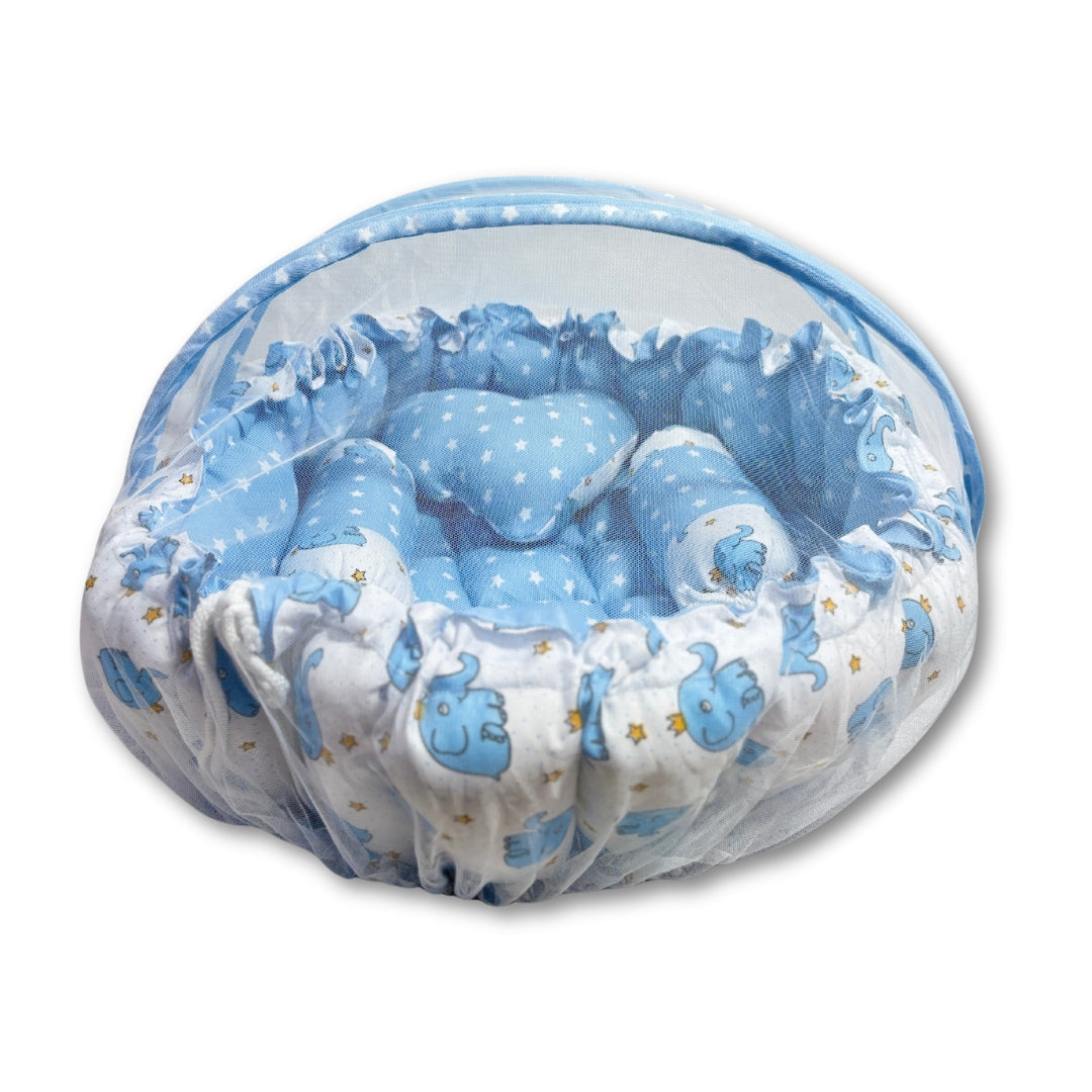 Reversible Baby Nest Bed with Mosquito Net & Pillows (0–12 Months) – For Boys & Girls