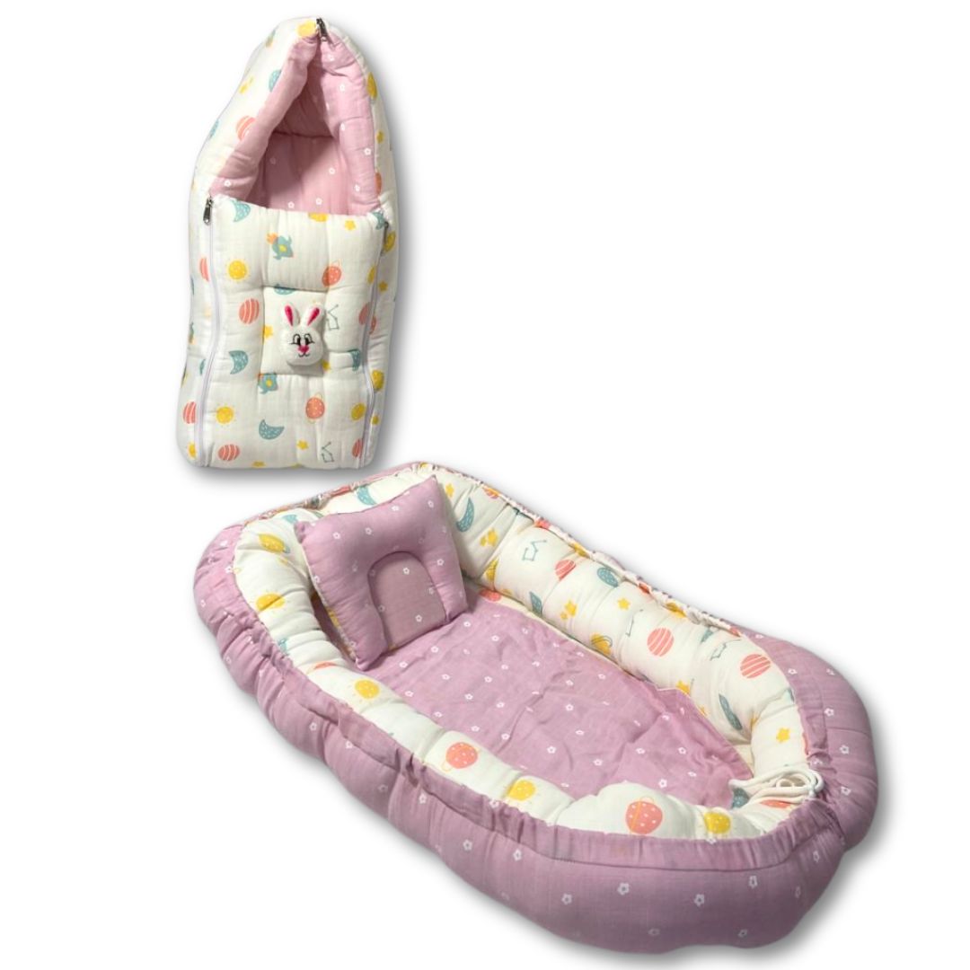 Printed Cotton Baby Sleeping Bed Nest & Premium Muslin Sleeping Bag Combo – Portable, Foldable, Reversible, Newborn Essentials