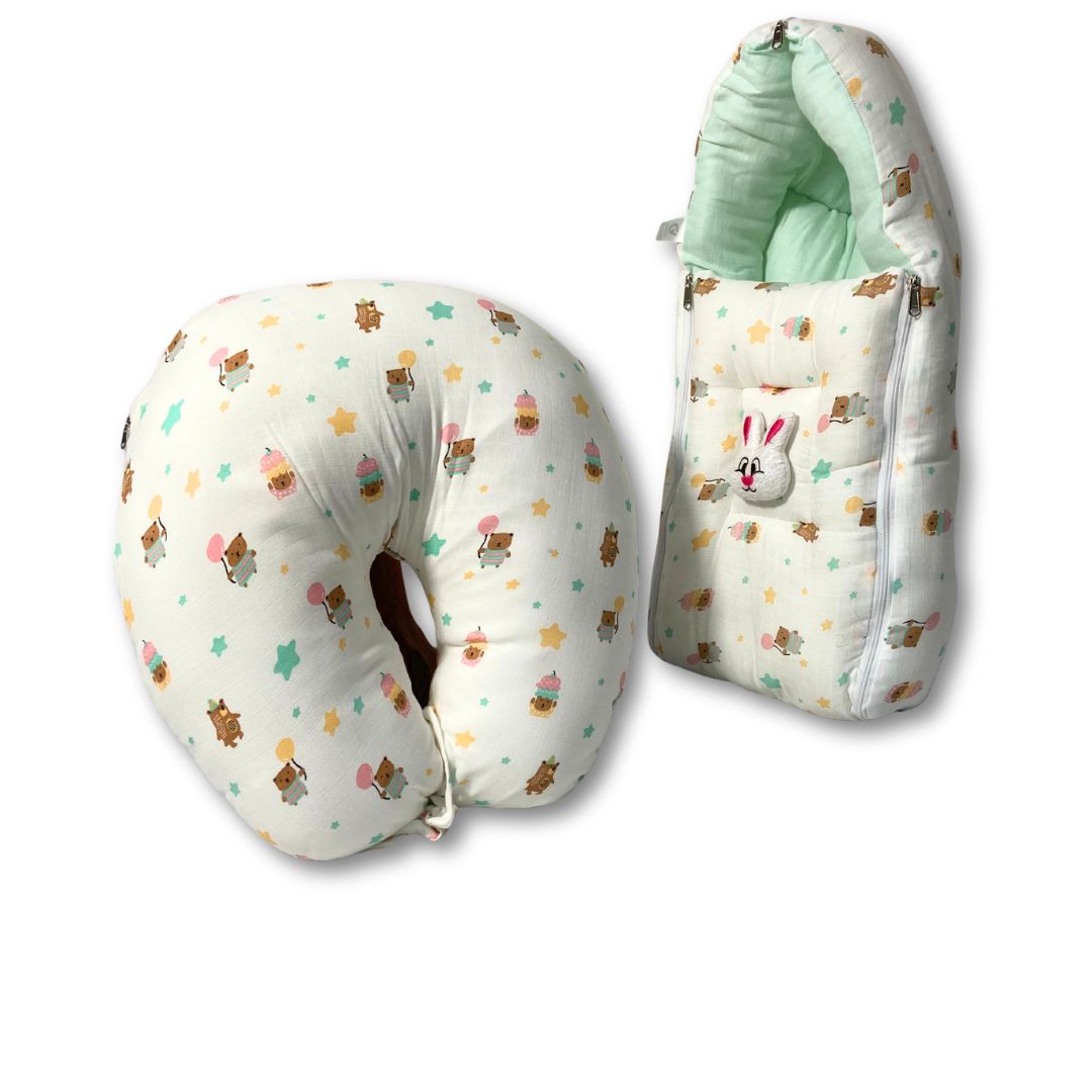 Muslin U-Shaped Nursing Pillow & Premium Baby Sleeping Bag Combo