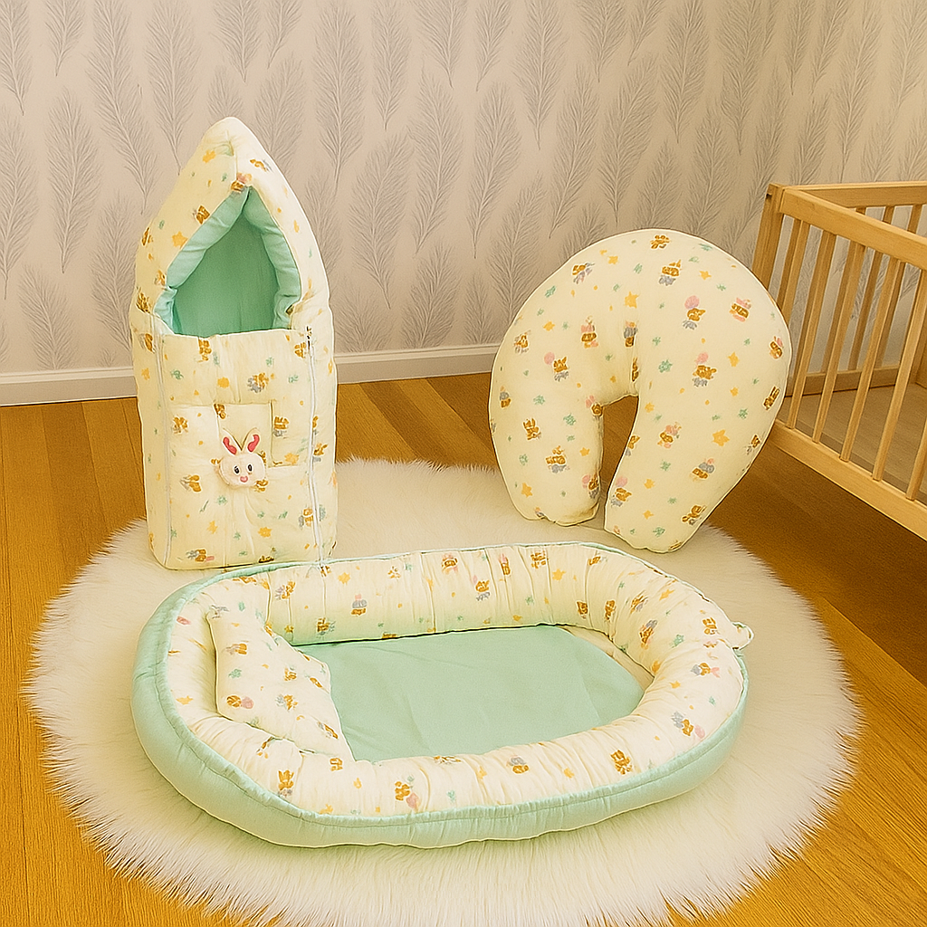 3-in-1 Baby Combo – Portable Sleeping Bed Nest, Muslin Sleeping Bag & Nursing Pillow | LetsAdore