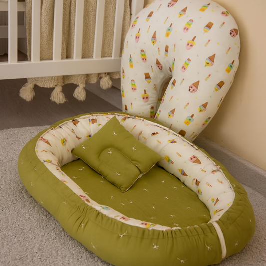Printed Cotton Baby Sleeping Bed Nest & Muslin U-Shaped Nursing Pillow Combo