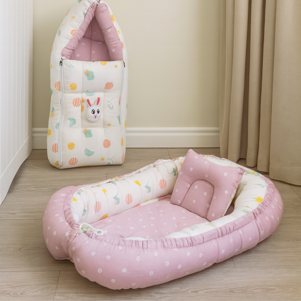 Printed Cotton Baby Sleeping Bed Nest & Premium Muslin Sleeping Bag Combo – Portable, Foldable, Reversible, Newborn Essentials