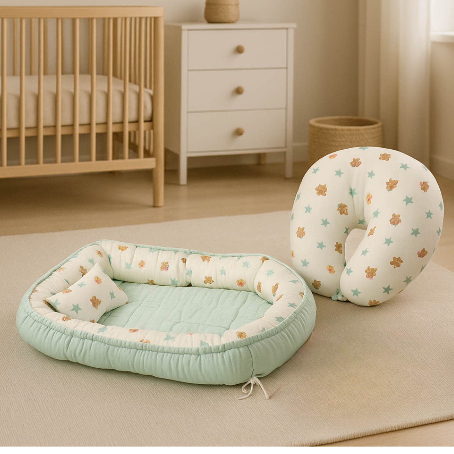 Printed Cotton Baby Sleeping Bed Nest & Muslin U-Shaped Nursing Pillow Combo