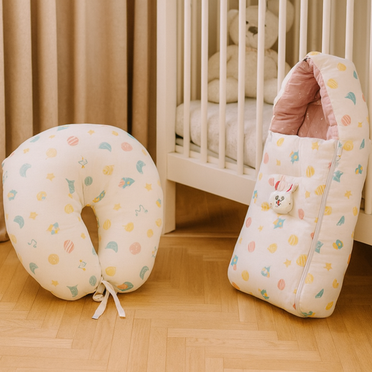 Muslin U-Shaped Nursing Pillow & Premium Baby Sleeping Bag Combo