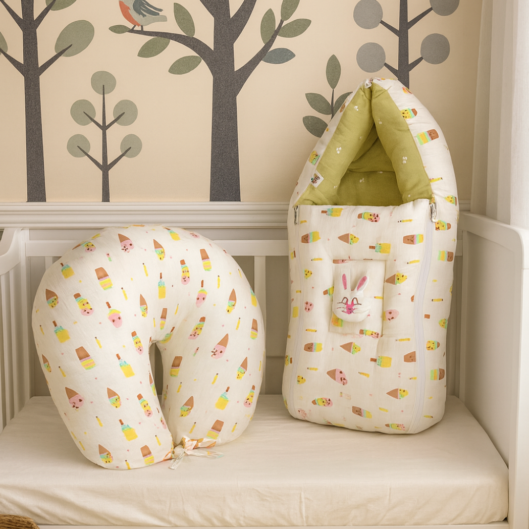 Muslin U-Shaped Nursing Pillow & Premium Baby Sleeping Bag Combo