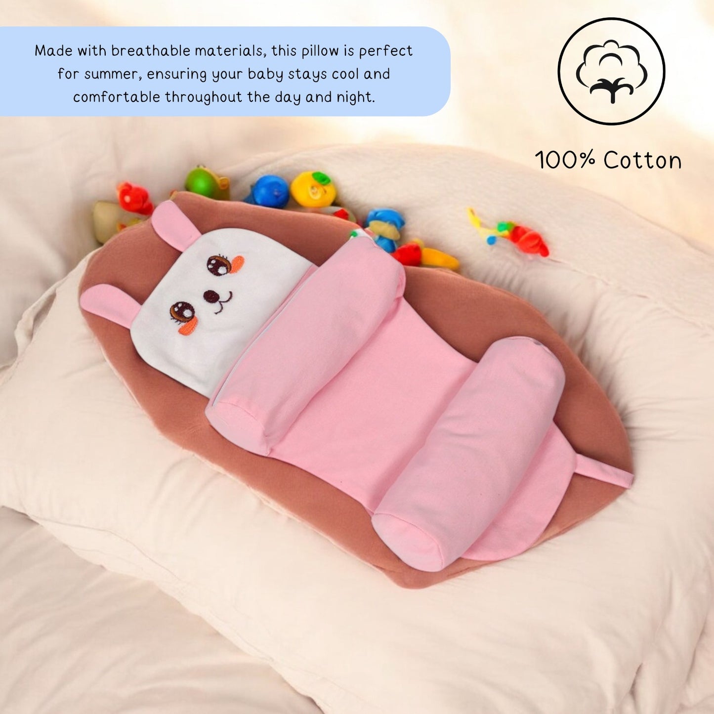 Pure Cotton Infant Pillow with Side Support – Baby Head Shaping Pillow (0-12 Months)