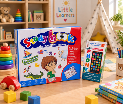2-in-1 Smart Learning Combo for Kids | Musical Sound Book + Talking Flash Card Learning Phone | Early Educational Toy Set for Toddlers 2–5 Years
