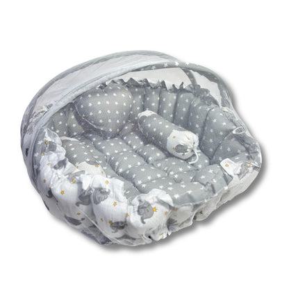 Reversible Baby Nest Bed with Mosquito Net & Pillows (0–12 Months) – For Boys & Girls