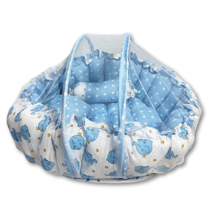 Reversible Baby Nest Bed with Mosquito Net & Pillows (0–12 Months) – For Boys & Girls