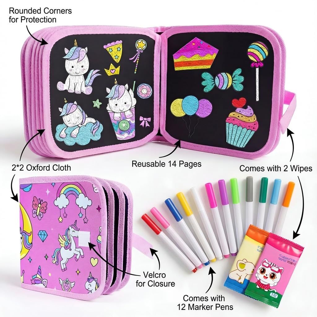LetsAdore Reusable Doodle Book Set for Kids | 14-Page Erasable Drawing Notebook with 12 Sketch Pens & Wipes | Unicorn Painting Activity & Art Stationery Kit | Gift for Ages 3–12