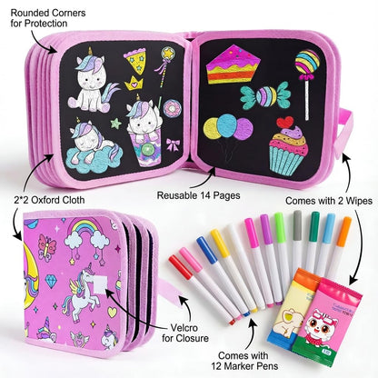 LetsAdore Reusable Doodle Book Set for Kids | 14-Page Erasable Drawing Notebook with 12 Sketch Pens & Wipes | Unicorn Painting Activity & Art Stationery Kit | Gift for Ages 3–12