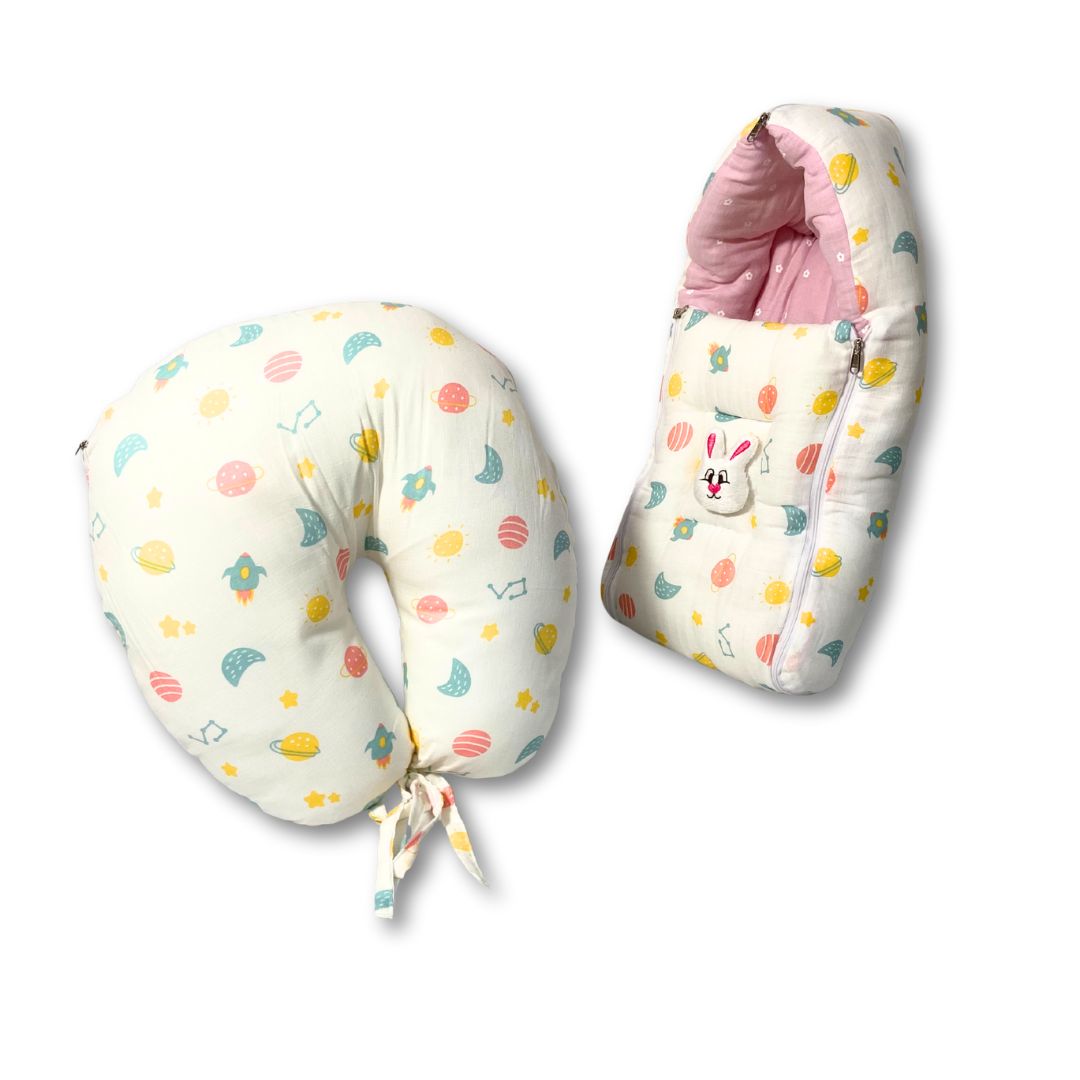 Muslin U-Shaped Nursing Pillow & Premium Baby Sleeping Bag Combo