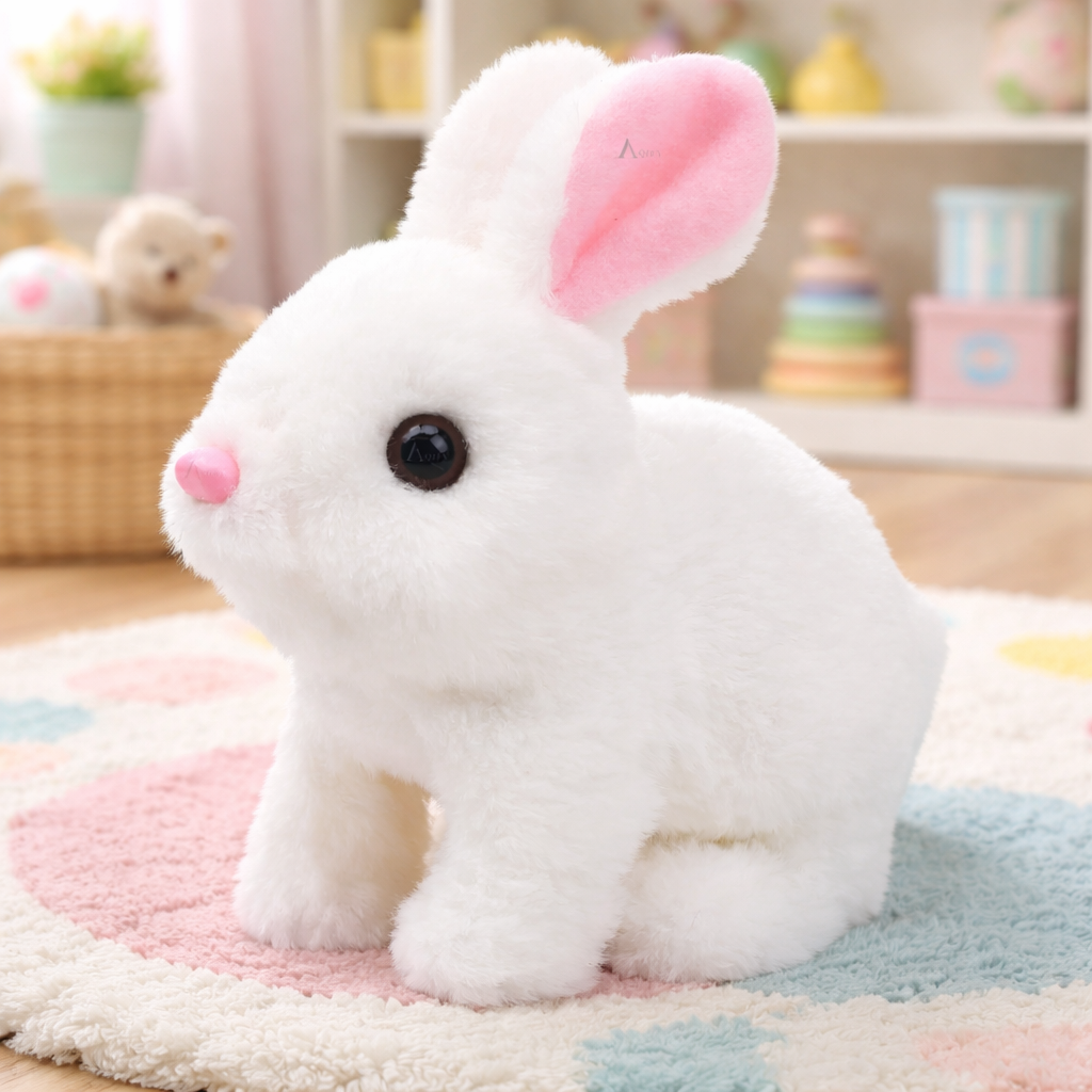 White plush rabbit toy with pink ears on a colorful rug