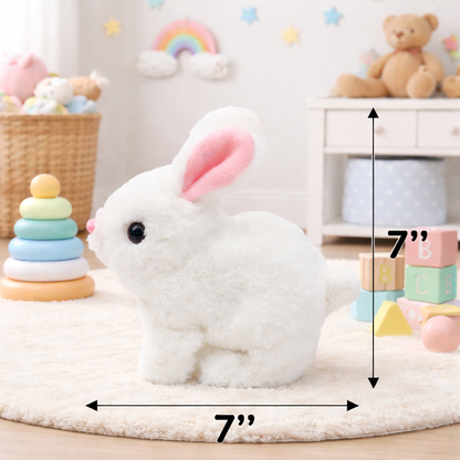 White plush toy rabbit with pink ears on a wooden floor with toys in the background