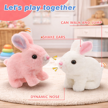 Two plush toy rabbits, one blue, one brown, one pink, and one white, on a wooden floor with text indicating their features.