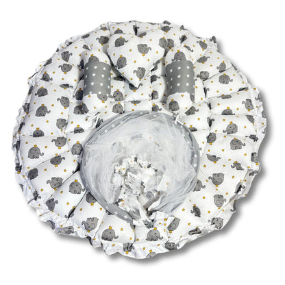 Reversible Baby Nest Bed with Mosquito Net & Pillows (0–12 Months) – For Boys & Girls