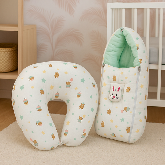 Muslin U-Shaped Nursing Pillow & Premium Baby Sleeping Bag Combo