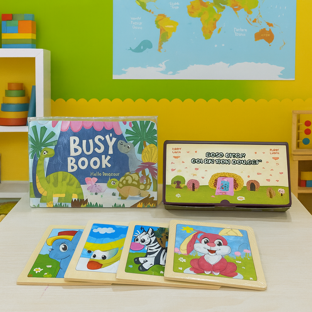 LetsAdore Montessori 3-in-1 Learning Combo Set| Talking Flash Cards + Busy Book + Educational Puzzle Board