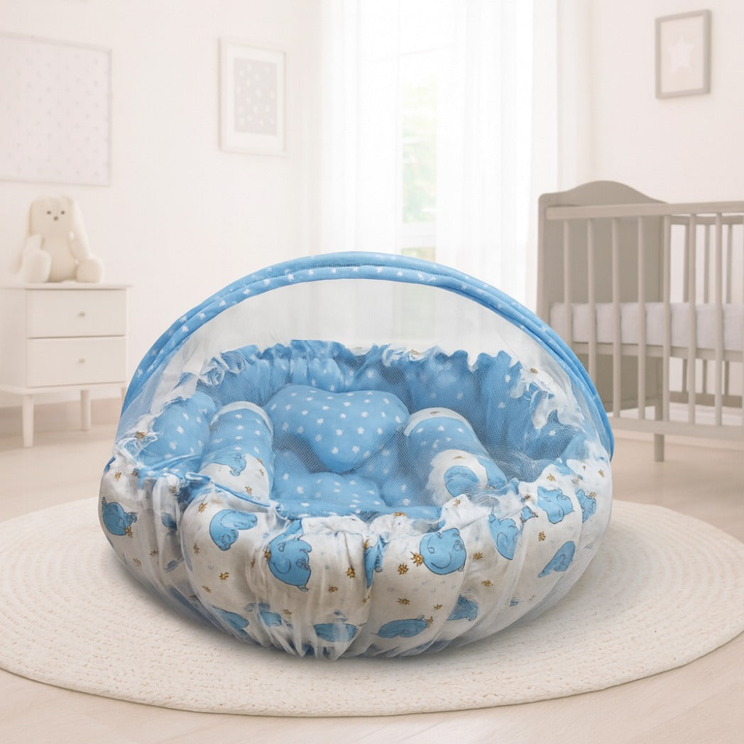 Reversible Baby Nest Bed with Mosquito Net & Pillows – For Boys & Girls