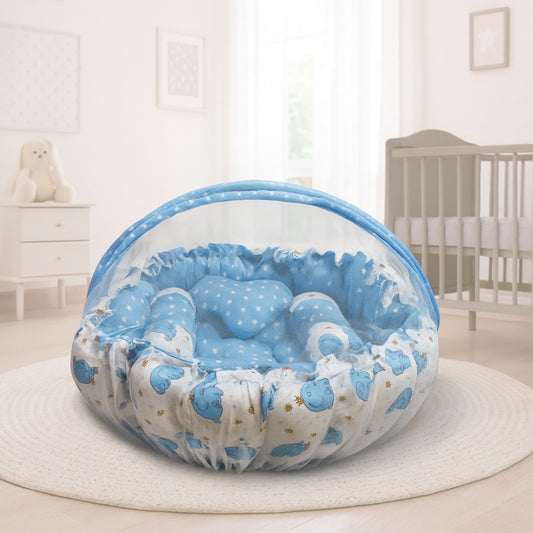Reversible Baby Nest Bed with Mosquito Net & Pillows – For Boys & Girls