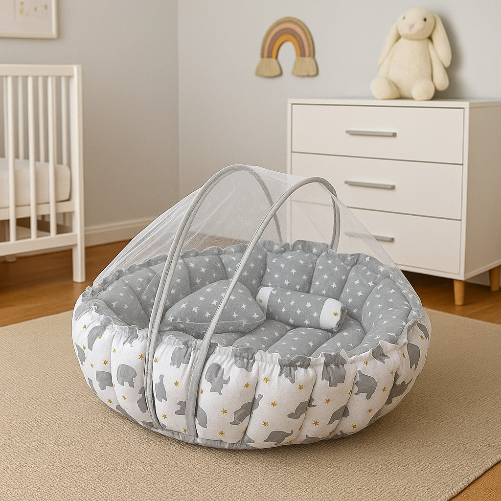 Reversible Baby Nest Bed with Mosquito Net & Pillows – For Boys & Girls