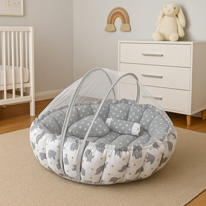 Reversible Baby Nest Bed with Mosquito Net & Pillows – For Boys & Girls