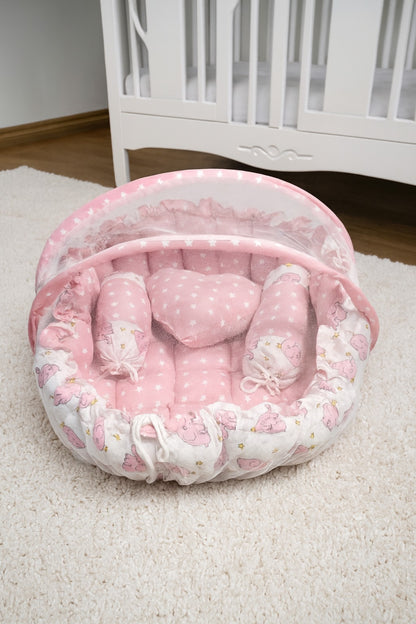 Reversible Baby Nest Bed with Mosquito Net & Pillows – For Boys & Girls