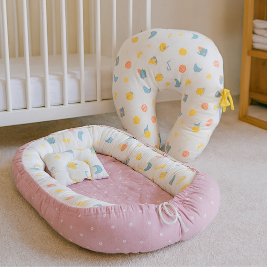 Printed Cotton Baby Sleeping Bed Nest & Muslin U-Shaped Nursing Pillow Combo