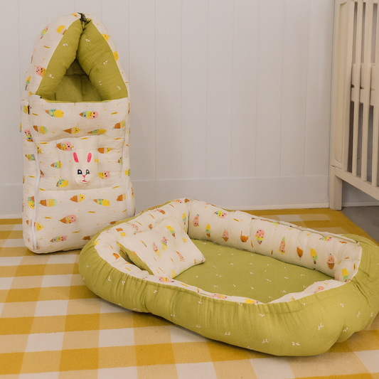 Printed Cotton Baby Sleeping Bed Nest & Premium Muslin Sleeping Bag Combo – Portable, Foldable, Reversible, Newborn Essentials