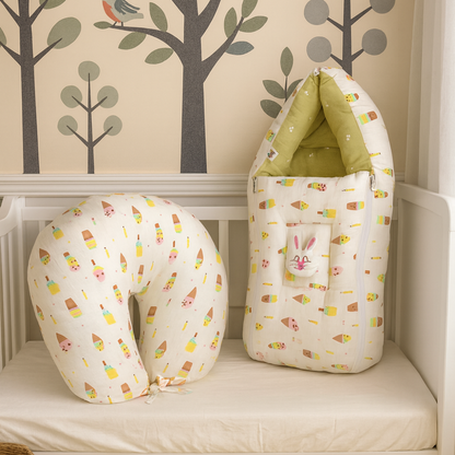 Muslin U-Shaped Nursing Pillow & Premium Baby Sleeping Bag Combo