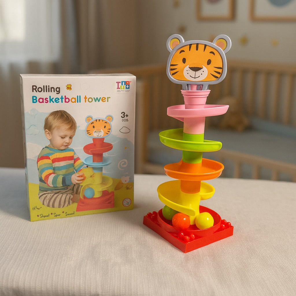 Rolling Basketball Tower – Fun Ball Drop Toy with Rattling Balls for Kids 3+ Years