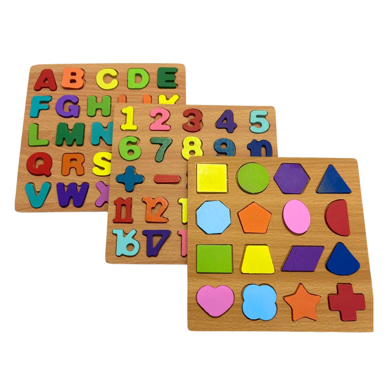 Wooden 3D Alphabet, Number & Shape Puzzle Set | Montessori Toy (Pack of 3)- LetsAdore
