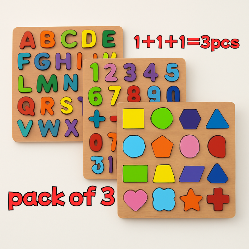 Wooden 3D Alphabet, Number & Shape Puzzle Set | Montessori Toy (Pack of 3)- LetsAdore