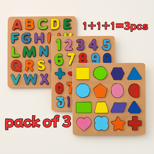 Wooden 3D Alphabet, Number & Shape Puzzle Set | Montessori Toy (Pack of 3)- LetsAdore
