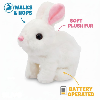 White plush bunny with pink ears on a white background, featuring text about its features.