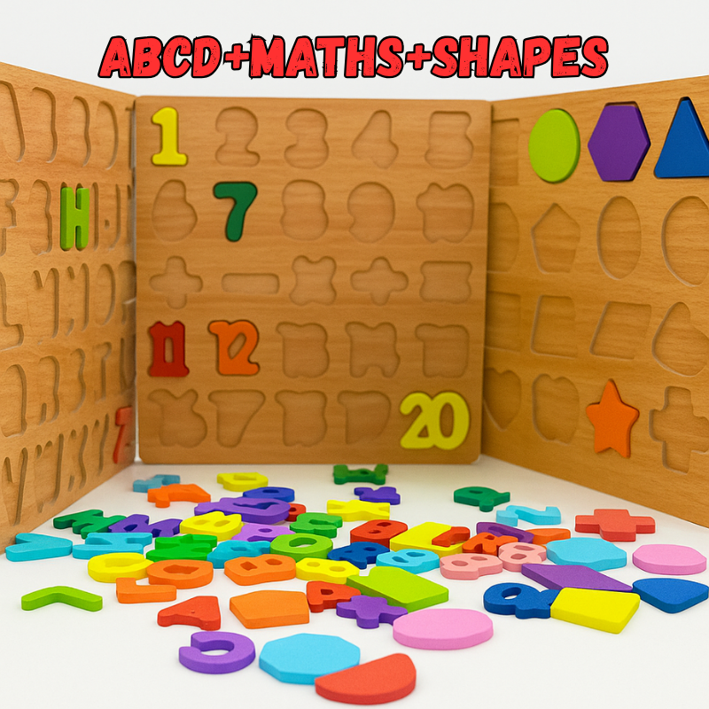 Wooden 3D Alphabet, Number & Shape Puzzle Set | Montessori Toy (Pack of 3)- LetsAdore