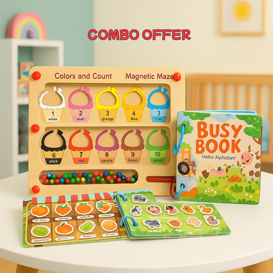 Montessori Learning Bundle | Magnetic Wooden Counting Toy + Busy Book Activity Set for Kids- LetsAdore