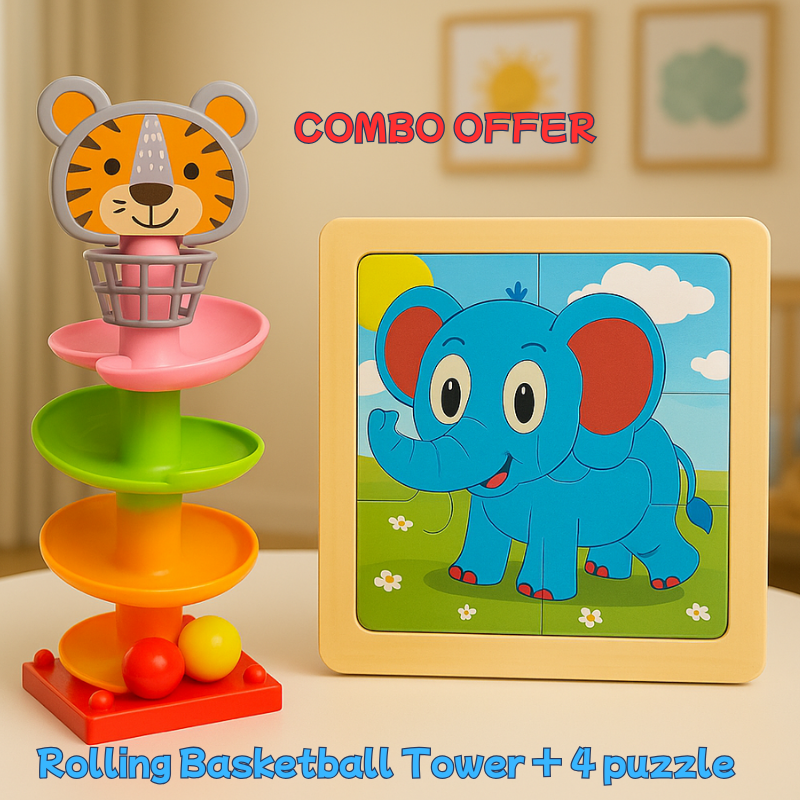 Active Learning Bundle | Rolling Ball-Drop Tower + Wooden Vehicles Puzzle for Toddlers- LetsAdore