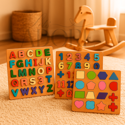 Wooden 3D Alphabet, Number & Shape Puzzle Set | Montessori Toy (Pack of 3)- LetsAdore